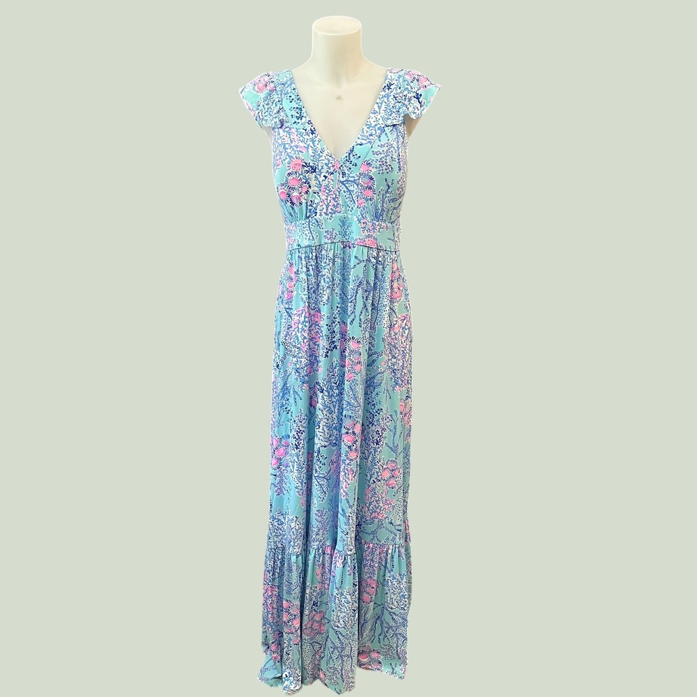Lily Pulitzer Vyra Ruffle V Neck Long  Maxi Dress in Blue Ibiza Print Size 10